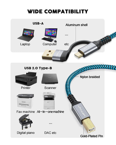 Hftywy 6.6 2-in-1 Printer Cable FT, Type C and USB A to B Printer Cable Compatible with MacBook Pro, HP, Canon, Epson