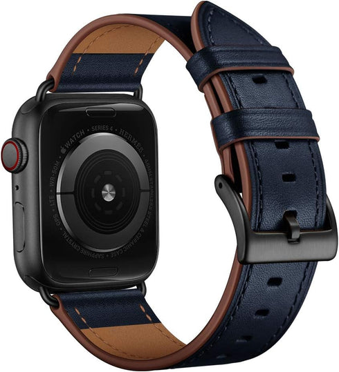 OUHENG Genuine Leather Apple Watch Band Replacement Strap for 42mm 41mm 40mm 38mm, Dark Blue/Black