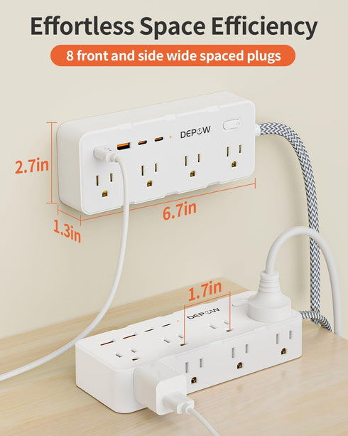 Power Strip Surge Protector, 5FT Braided Extension Cord with 8 AC Outlets and 4 USB Ports for Home Office