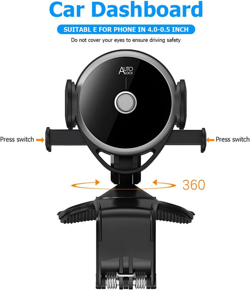 Car Phone Holder Mount, Clip On Auto Dashboard, 360 Degree Rotation Cell Phone Stand for 4 to 6.5 inch Smartphones