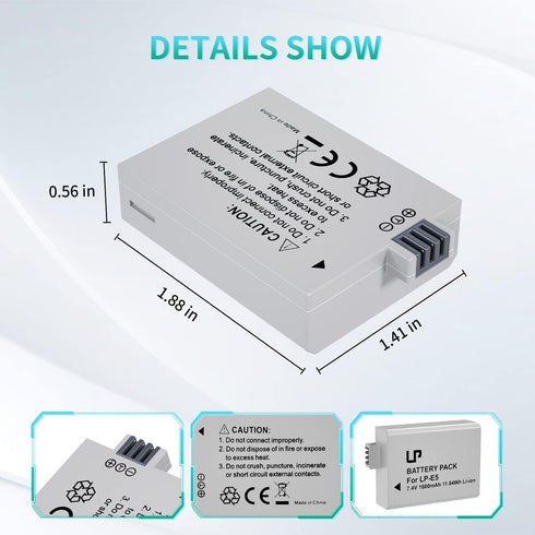 LP E5 Battery Pack, 2-Pack 1600mAh Battery Compatible with Canon EOS Rebel XS, T1i, 1000D, and More