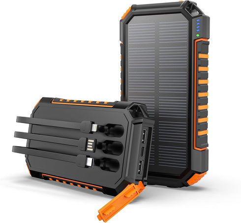 Hiluckey Power Bank Solar Charger, 27000mAh with Built-in 3 Cables, Five Outputs, 15W Fast Charging Power Bank for All