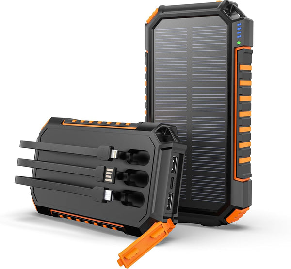 Hiluckey Power Bank Solar Charger, 27000mAh with Built-in 3 Cables, Five Outputs, 15W Fast Charging Power Bank for All