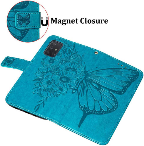 Samsung Galaxy A51 Case Wallet, Butterfly Floral Embossed Leather Flip Cover, Card Holder Slots (Non 5G Version) (Blue)