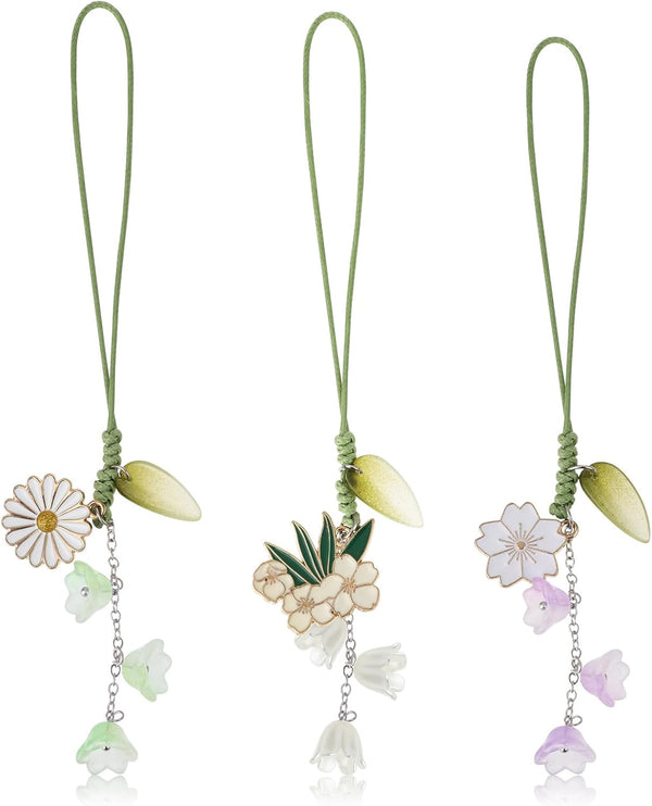 3pcs Cherry Blossom Daisy Flower Phone Charm, Handmade Mobile Phone Pendant, Cute Anti-lost Strap for Women