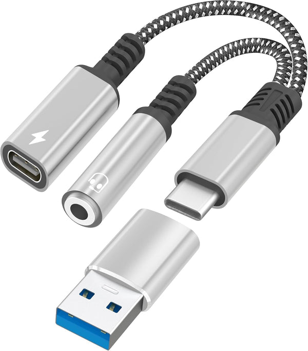 2-in-1 USB C to 3.5mm Headphone & Charger Adapter, Fast Charging Dongle for Google Pixel 4, Galaxy S22/S21/S20 (Silver)