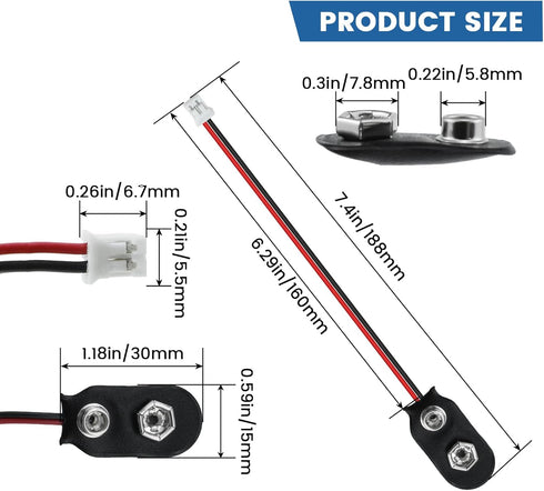 SDTC Tech 3 Pack 9V Battery Snap to 2-Pin PH2.0 Connector Cable, 15cm