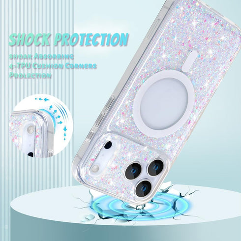 Bonoma 17 2025 for iPhone Pro Max Case Sparkly Glitter Bling Back, Magnetic Support for MagSafe Shockproof, Crystal
