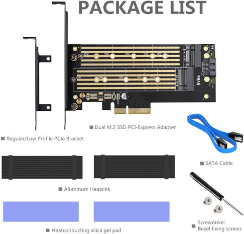 Dual M.2 PCIE Adapter for SATA or PCIE NVMe SSD, Advanced Heat Sink Solution