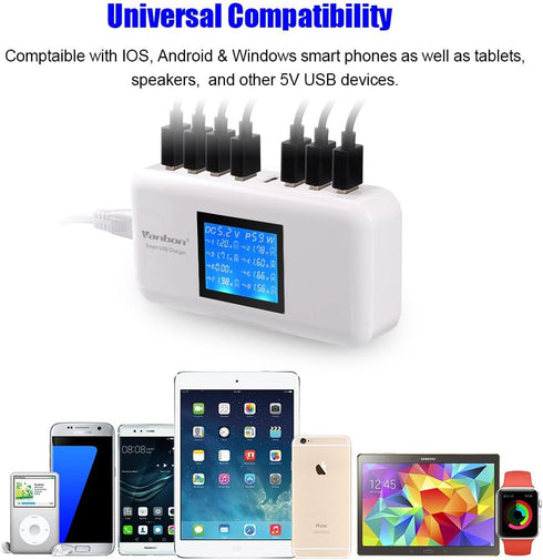 60W/12A 8-Port Desktop Charging Station, Multiple USB Fast Wall Charger Hub with LCD for Smart Phones, Tablets and More