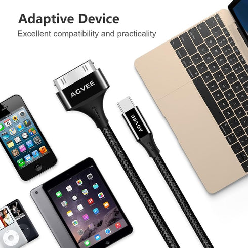 AGVEE 3ft USB-C to 30 Pin Cable (2 Pack) for iPhone 4/4S, iPad 1/2/3, iPod - Braided Metal Shell, Black Charging Cord.