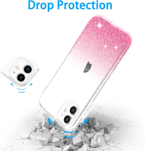 JJGoo iPhone 11 Case, Pink Gradient Clear Glitter Sparkle Shock Absorption Protective Slim Thin Cover