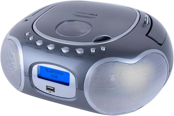 HANNLOMAX HX-309CD Portable CD/MP3 Boombox, AM/FM Radio, Bluetooth, USB Port for MP3 Playback, AC/DC Operated (Grey)
