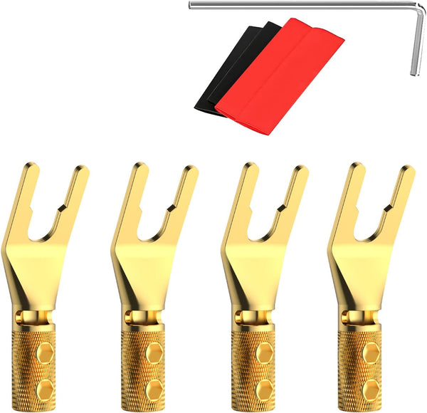 Speaker Spade Connectors, Dual Screw Locking Fork Spade Lugs with Heat Shrink Tubing, 4PCS
