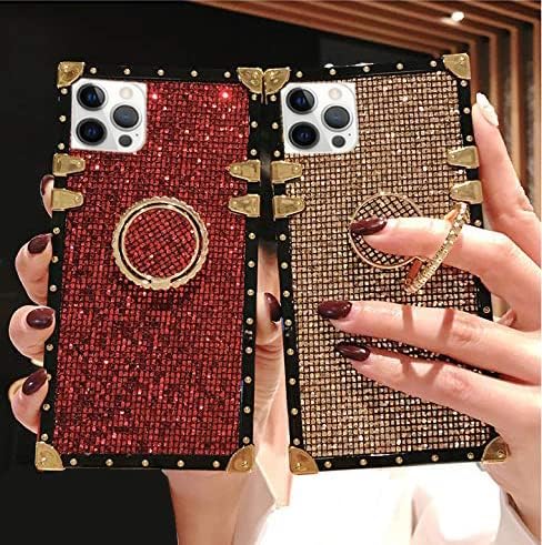 Bling Case for iPhone 12 Pro Max 6.7" Soft TPU Cover with Ring Kickstand Holder, Glitter Gold Corner, Gray