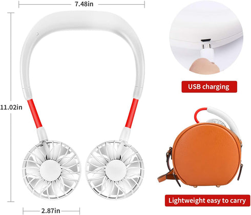Portable Neck Fan, Rechargeable Personal Hand-Free Mini USB Wearable Neckband Sport Fan, 3 Speed Adjustable (White)