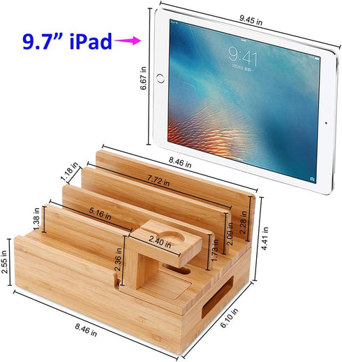 Charging Station Organizer, Fast Charging Station for Multiple Devices, 5-Port USB Bamboo Wood Charging Dock, Universal