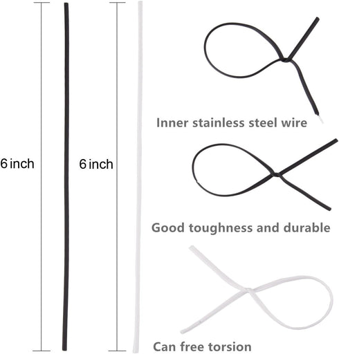 200 Piece Metallic Twist Cable Cord Wire Ties - Reusable Fastening (6 Inch, Black and White)