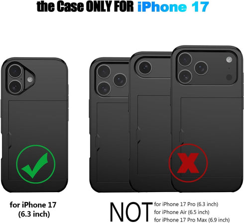 Nvollnoe 17 6.3 inch(Black) Compatible with iPhone Case with Card Holder Dual Layer Heavy Duty Protective Shockproof