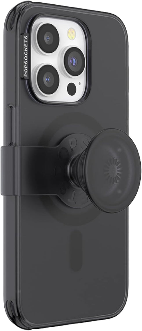 PopSockets iPhone 14 Pro Case with Phone Grip and Slide, Black Translucent Phone Case Compatible with MagSafe, Wireless