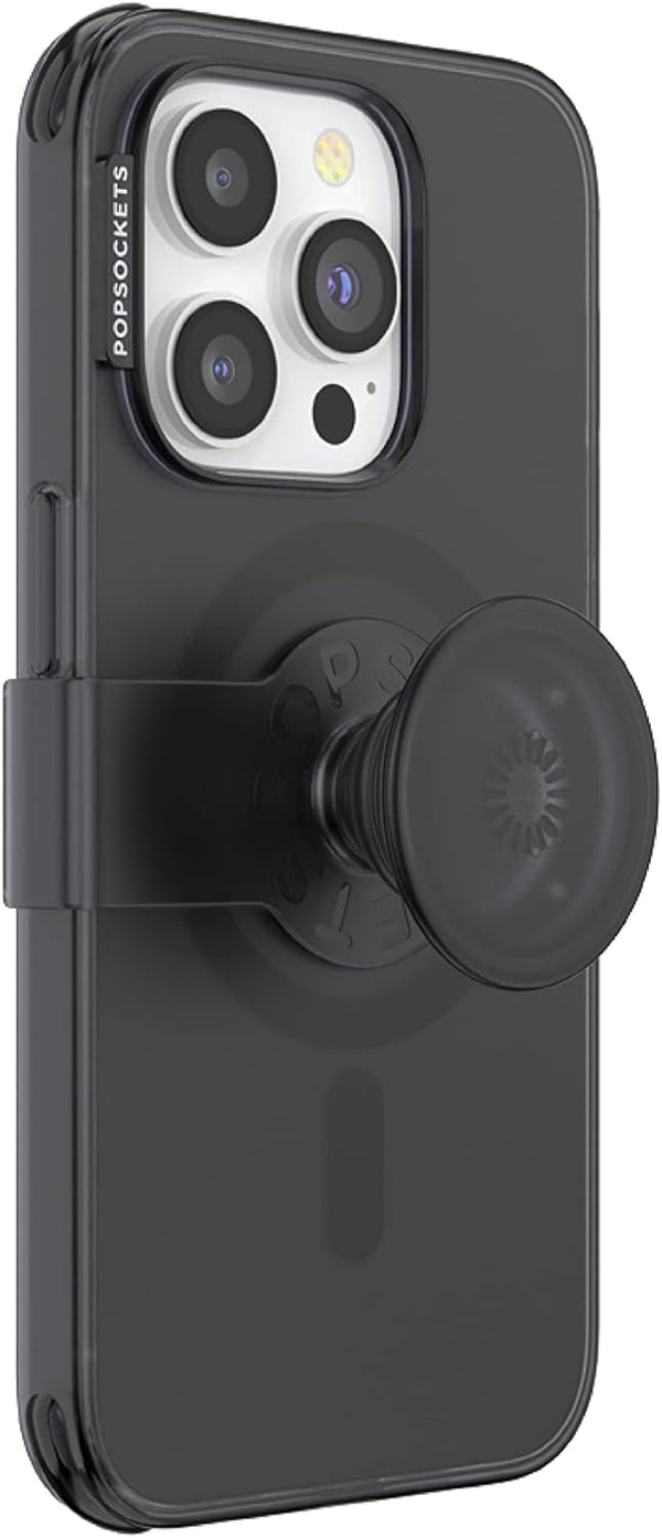 PopSockets iPhone 14 Pro Case with Phone Grip and Slide, Black Translucent Phone Case Compatible with MagSafe, Wireless