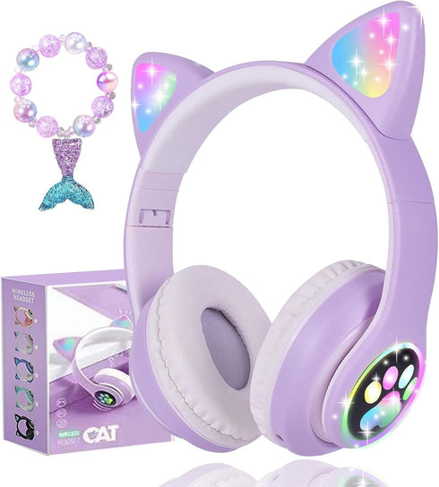 Wireless Cat Ear Headphones for Kids - LED Light Up Bluetooth Headphones with Microphone for School, Travel, Sports,