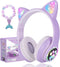 Wireless Cat Ear Headphones for Kids - LED Light Up Bluetooth Headphones with Microphone for School, Travel, Sports,