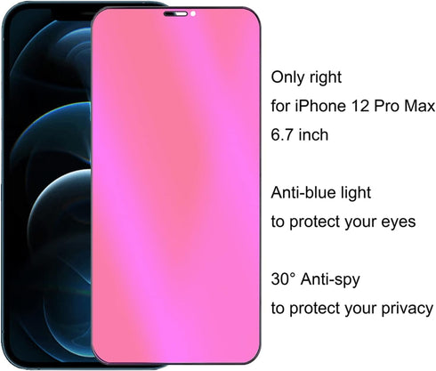 iPhone 12 Pro Max 2 Pack Anti-Blue Privacy Tempered Glass Screen Protector, 9H Hardness, Anti-Scratch, Electroplated