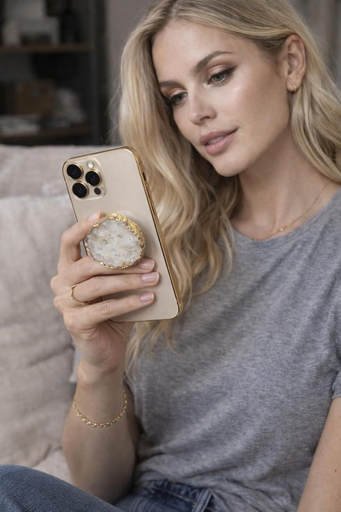 CRYSTALFY Grips by Perfectly Imperfect White Druzy Crystal Phone Grip Holder & Expanding Kickstand - Natural Gemstone
