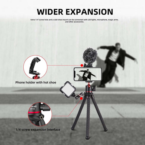 Flexible Phone Tripod for GoPro, Mini Camera Stand with Remote, 1/4'' Screw with Phone Holder&Cold Shoe, Tripod Holder for iPhone Samsung Canon Nikon Sony Streaming Vlog Smartphone