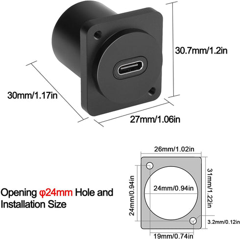 QIANRENON 10Gbps USB C to USB C Panel Mount Adapter Type C 3.1 Female to Female Connector, 100W Charging, for Extension