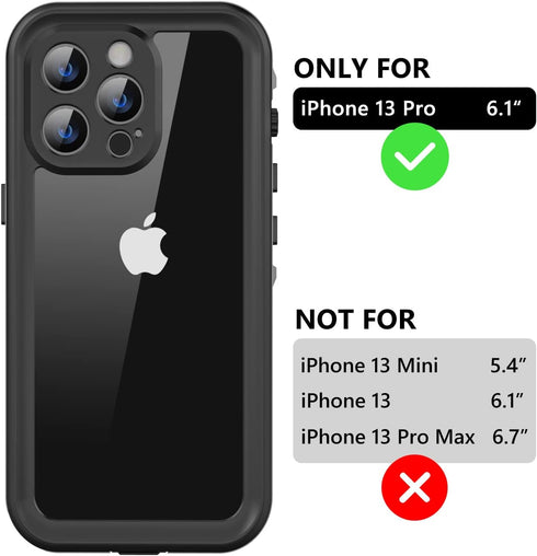 Waterproof Case for iPhone 13 Pro with Built-in Screen Protector, Shockproof Dustproof Full Body IP68 (Black/Clear)