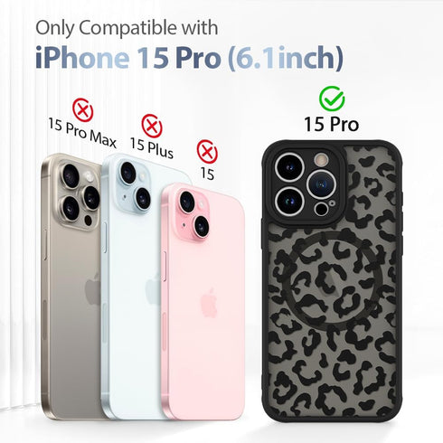 AIGOMARA iPhone 15 Pro Case - Black Leopard Pattern, MagSafe Compatible, Soft TPU Bumper, Hard PC Back, Shockproof Slim