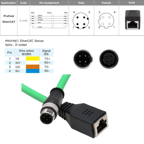 Ethernet Adapter Cable for SICK Keyence Datalogic Omron Vision Sensor System, M12 4 Pin to RJ45 Jack, 5m