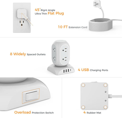 Surge Protector Power Strip Tower, TESSAN 10 Ft Extension Cord with 8 AC Outlets & 4 USB Ports