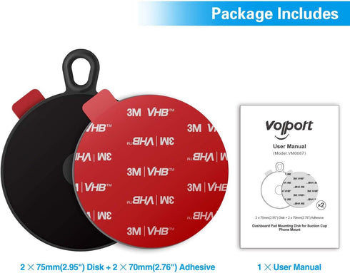 volport Dashboard Pad Mounting Disk for Suction Cup Phone Mount, 2.95in/75mm Sticky Adhesive Disc for Car Dash Cam GPS