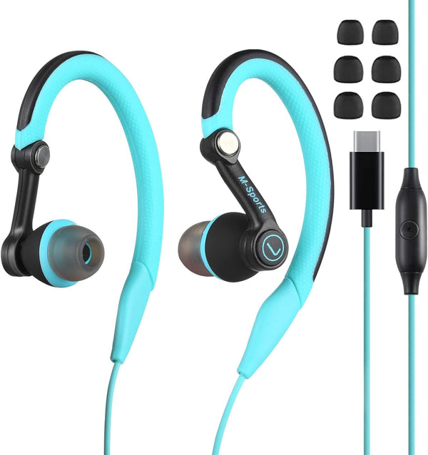 mucro Sport Headphones Wired, Over Ear in-Ear Earbuds, Headphones with Microphone for iPhone, Android Phone (Blue-TypeC)