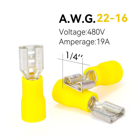 HKS 100PCS Yellow Female Vinyl Insulated Spade Connector, 12-10 AWG, Electrical Quick Disconnect Wire Connectors Kit