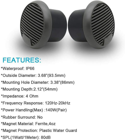Herdio 3 Inch Waterproof Marine Speakers, Full Range Audio Stereo System, MAX Power 140 W (Pair) for Motorcycle, Boat,