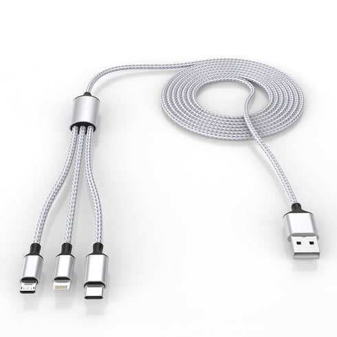 3M/10Ft Multi 3 in 1 USB Charging Cable for iPhone, Android, Samsung, LG, Pixel, Huawei, XiaoMi (Gray) - Nylon Braided