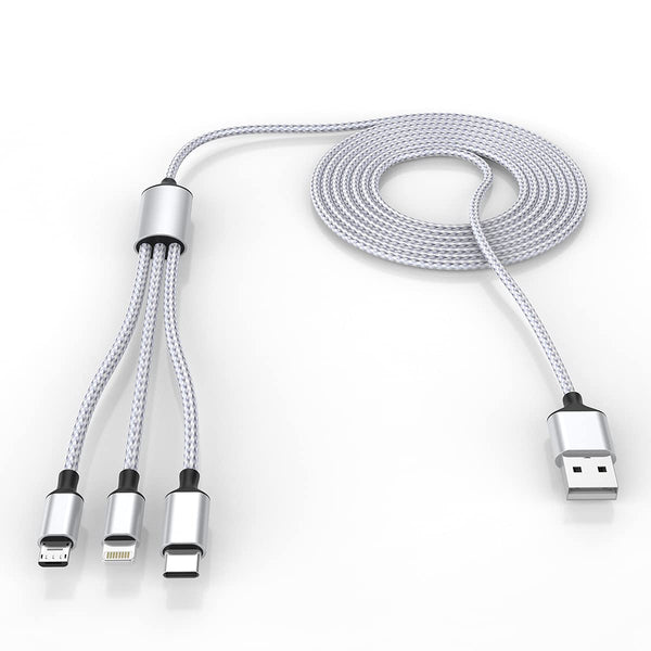 3M/10Ft Multi 3 in 1 USB Charging Cable for iPhone, Android, Samsung, LG, Pixel, Huawei, XiaoMi (Gray) - Nylon Braided
