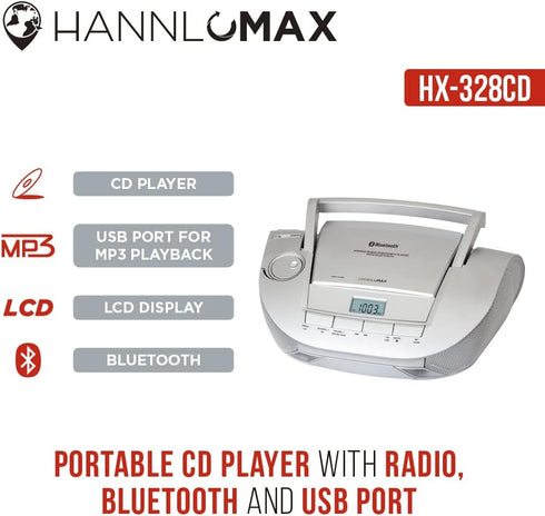 HANNLOMAX HX-328CD Portable CD Boombox with AM/FM Radio, Bluetooth, USB Port for MP3 Playback (Silver)