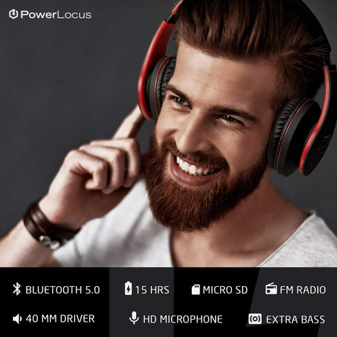 PowerLocus Bluetooth Over-Ear Headphones, Wireless and Wired Headsets with Built-in Mic, Micro SD/TF, FM (Black/Red)