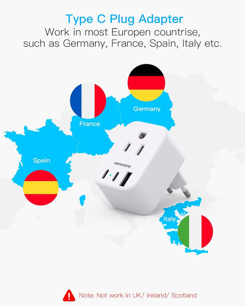 European Travel Plug Adapter, 2 Pack Type C Adapter with 2 Outlets & 2 USB C Ports for US to Europe Travel