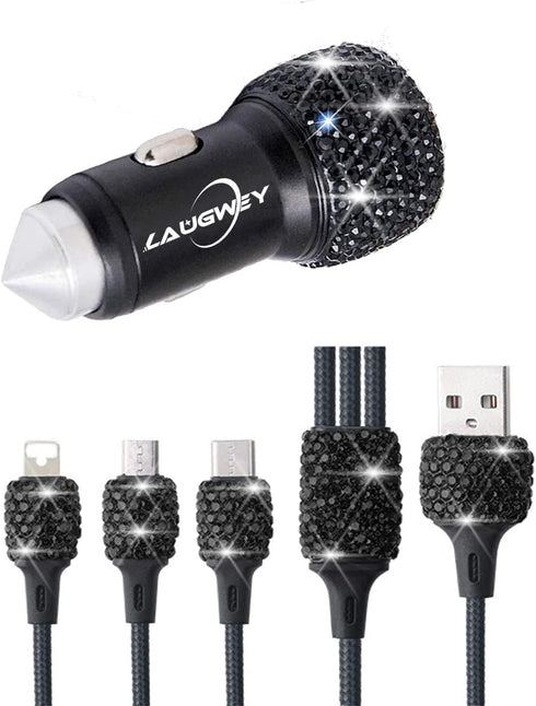 Bling Car Charger Accessories Set, Rhinestone Dual USB Car Chargers + Bling 3 in 1 Charging Cable for Girls