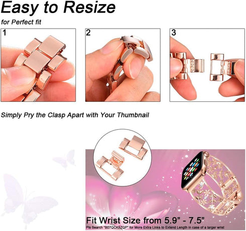 Floral Band Compatible with Apple Watch Jewelry Band 38mm 40mm 41mm 42mm, Bling Crystal Bracelet Strap for Women (Rose
