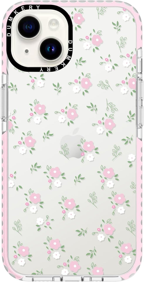Dumkery Cute Clear Pink Flowers Phone Case Compatible with iPhone 14 Plus, Floral