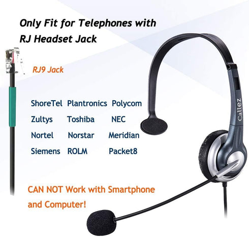 Callez Wired Telephone Headset Mono, Call Center RJ9 Phone Headset with Noise Canceling Mic Compatible with ShoreTel 480 Plantronics T10 Polycom Zultys Toshiba NEC DT300 Landline Deskphones (C300A2)