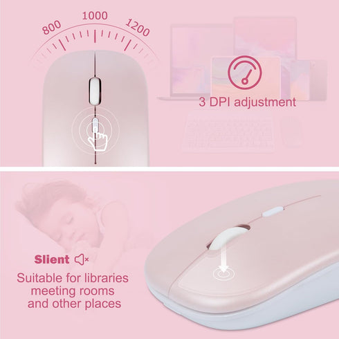 Wireless Bluetooth Keyboard and Mouse Set, Dual Rechargeable (Pink)