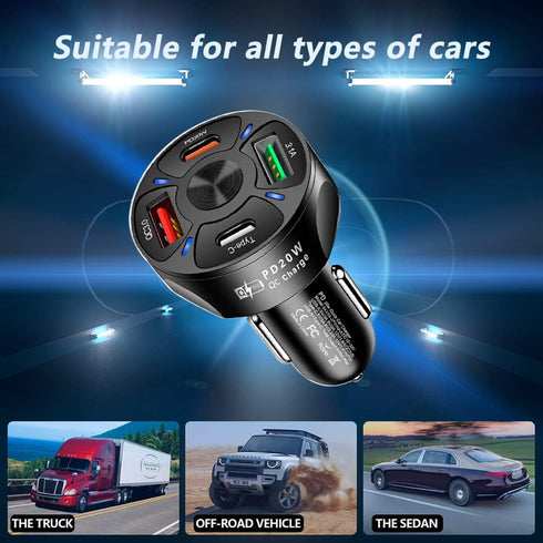 Car Charger Adapter - 4 Ports USB Fast Car Charger QC3.0/PD20W/Type-C/2.1A, Smart Shunt Car Phone Charger Compatible
